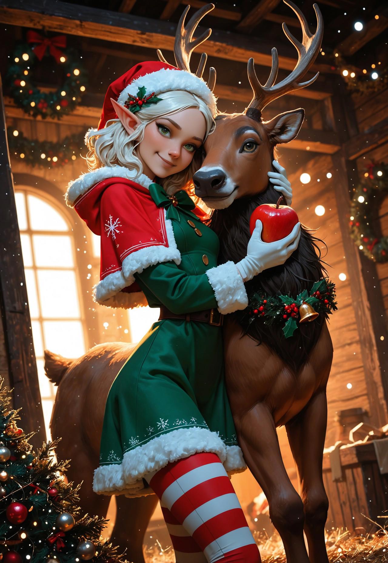 精灵少女与驯鹿的圣诞谷仓奇遇