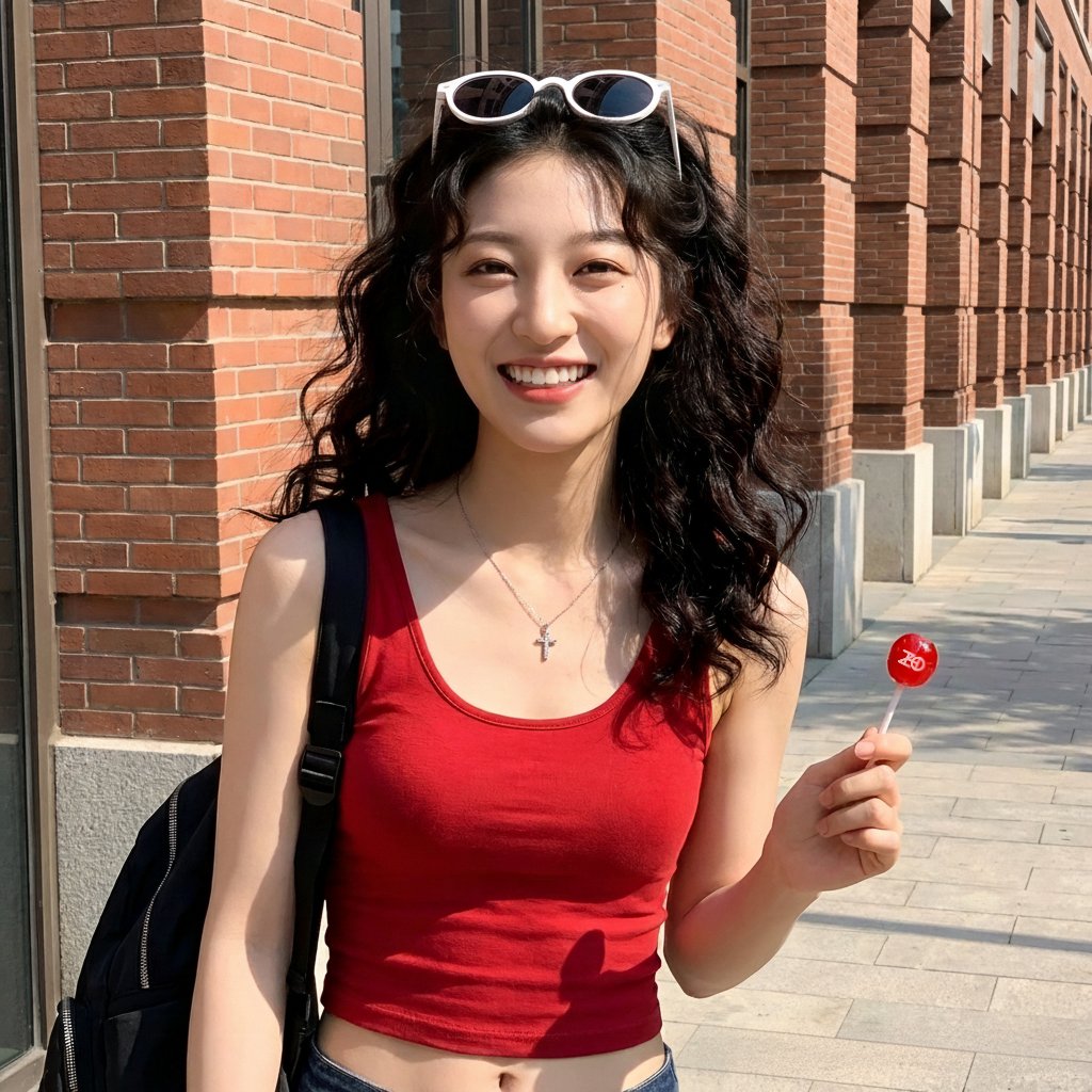 阳光下的红唇笑靥：砖墙光影间的青春定格