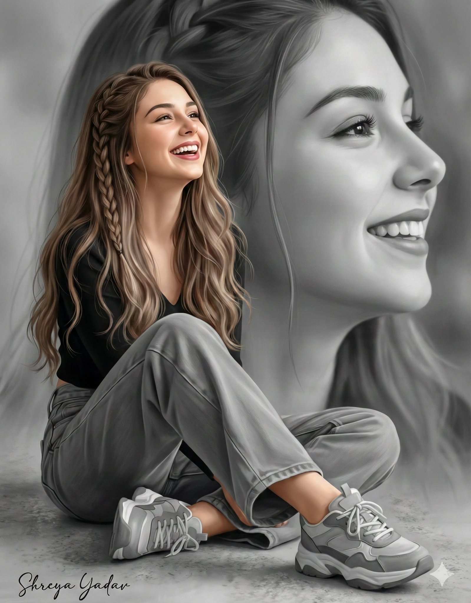 双面笑靥：黑白交织的自信肖像