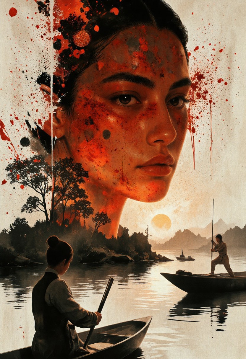 夕照泛舟：墨染湖光中的中国女子剪影