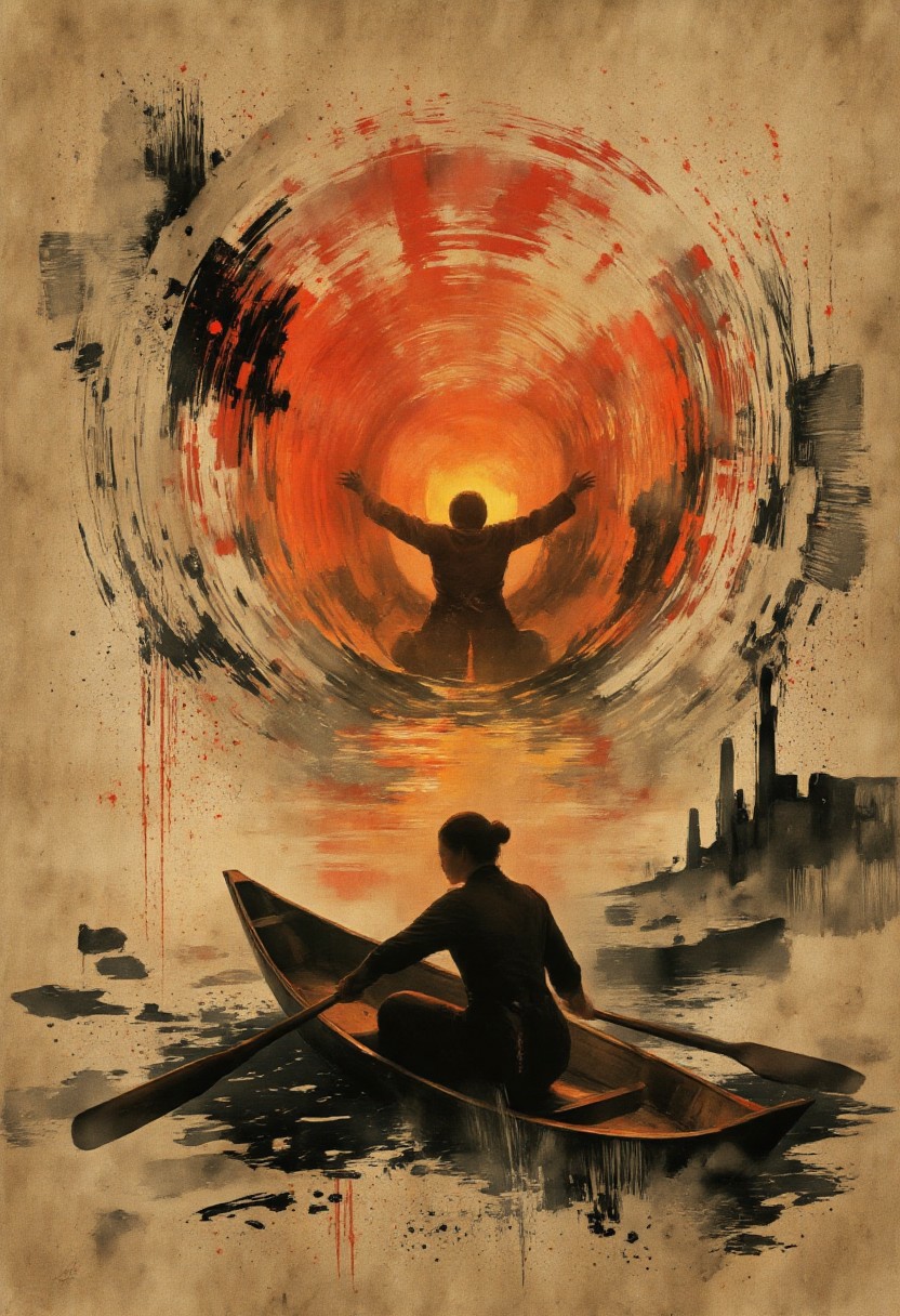 夕照泛舟：水墨晕染的中国女子剪影