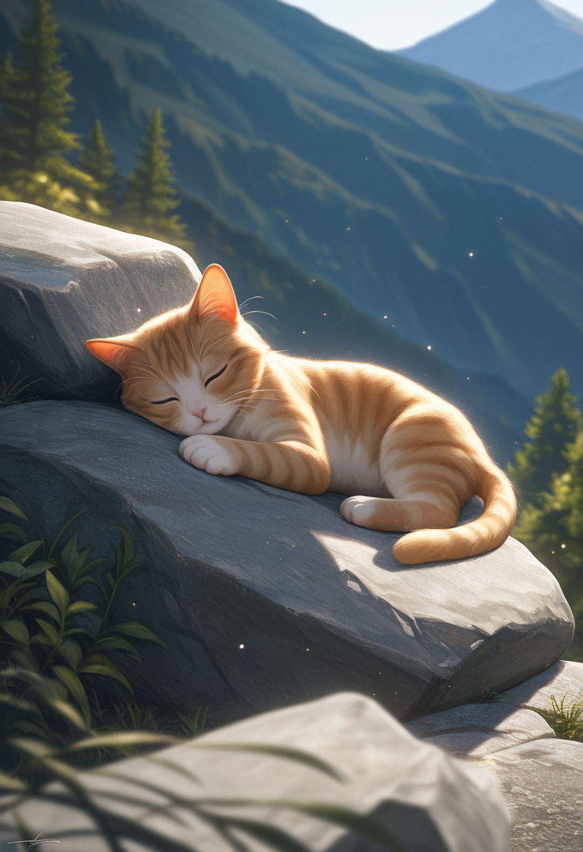 山间梦影：光尘轻抚的睡猫