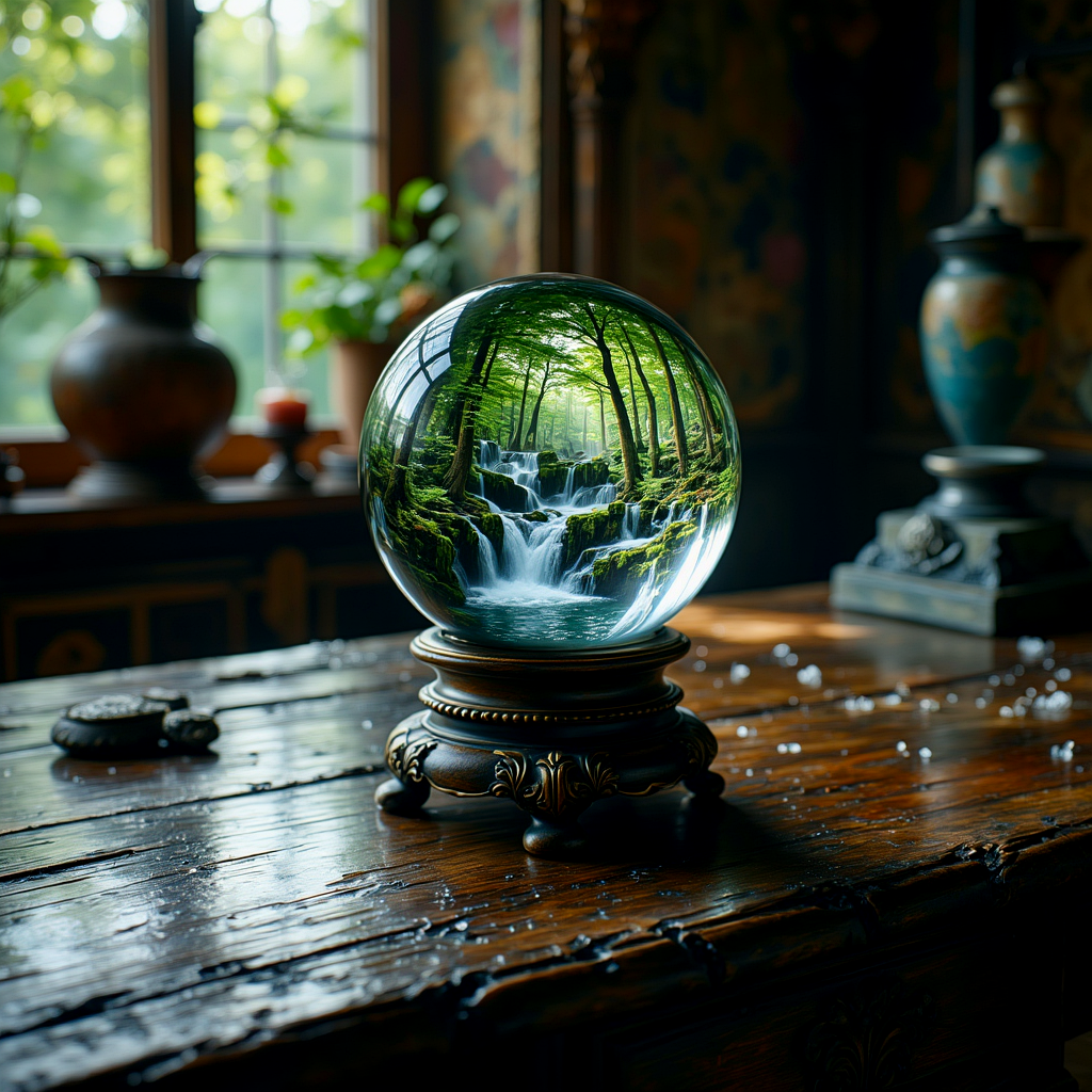 水晶球中的瀑布奇境：水流漫入古木桌